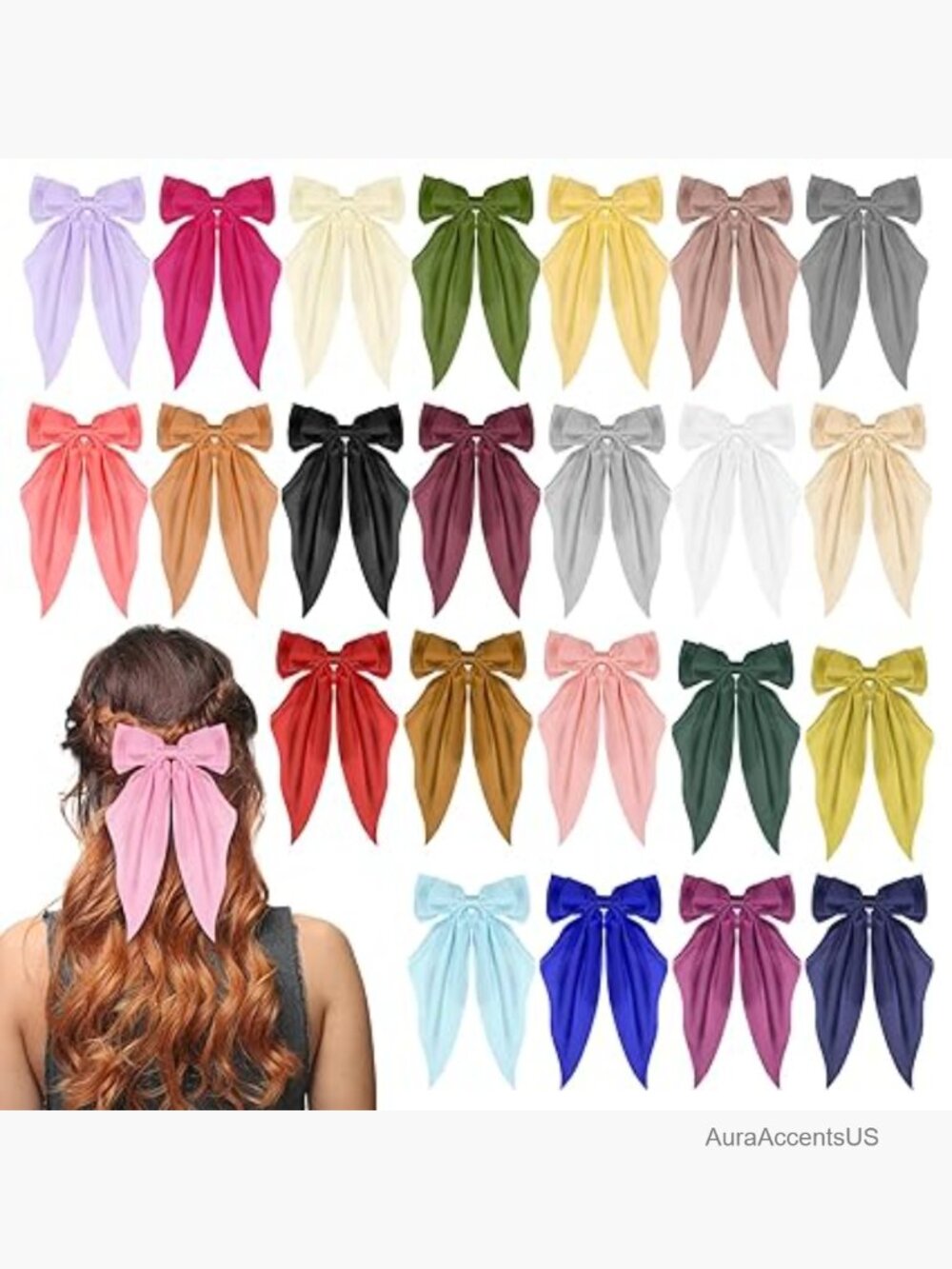 24 Pack Oversized Satin Hair Bows Women Silky Long Tail Ribbon Clip Barrettes